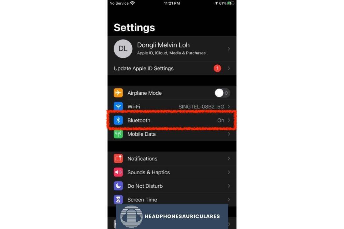 Seleccionando Bluetooth en Configuración para dispositivos iOS.