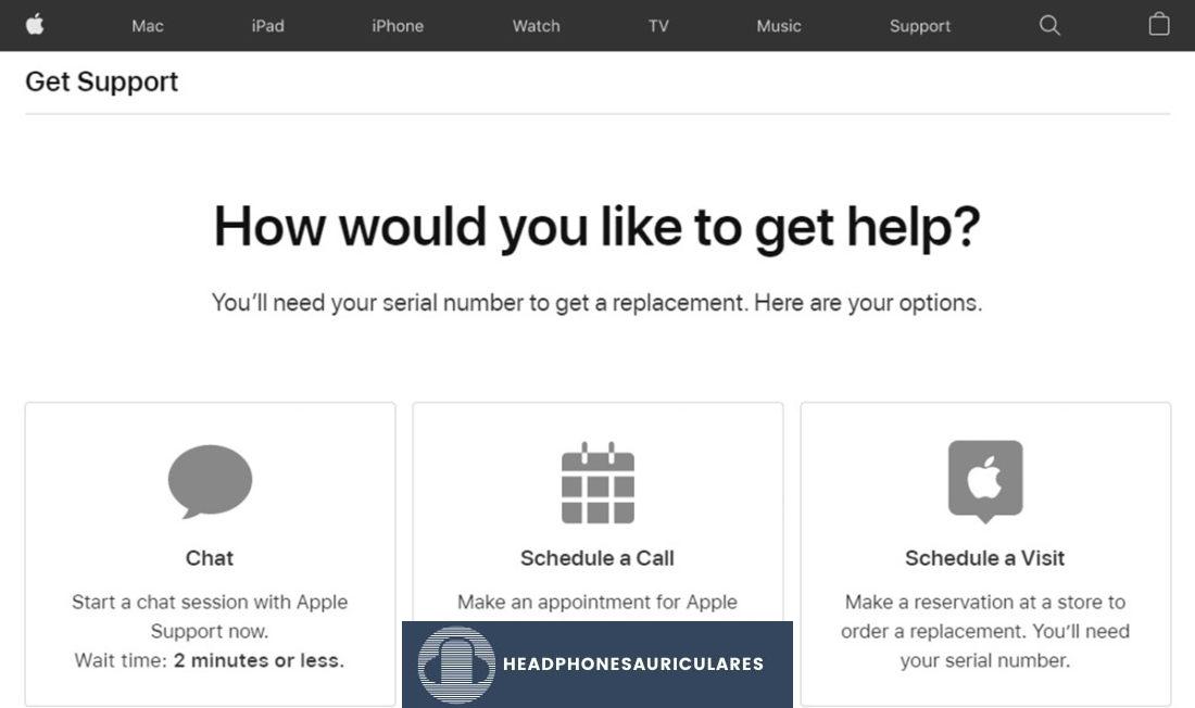 Opciones de cita en el sitio web de soporte de Apple