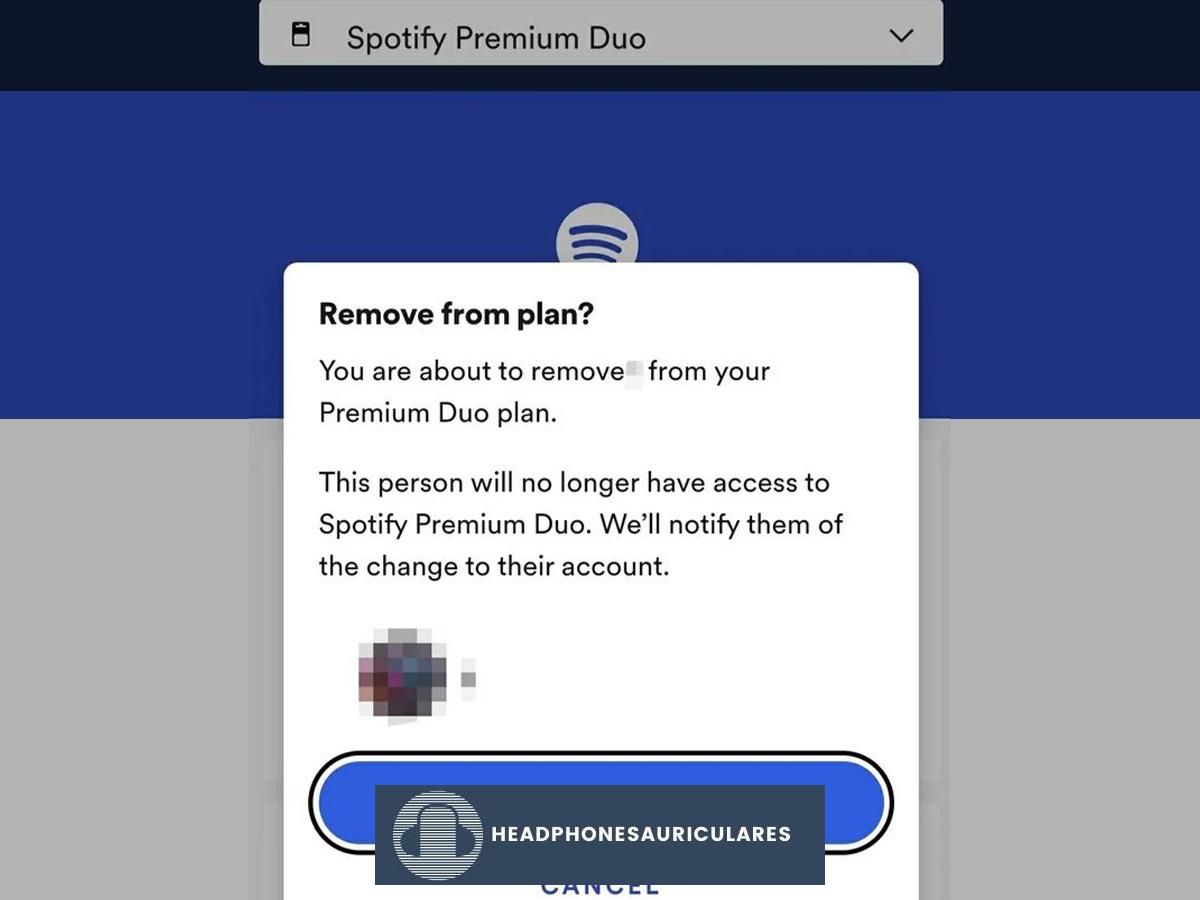 La ventana emergente de Spotify solicita a los usuarios que confirmen la eliminación de miembros del plan Spotify Duo (De: Reddit/BottledMaster)