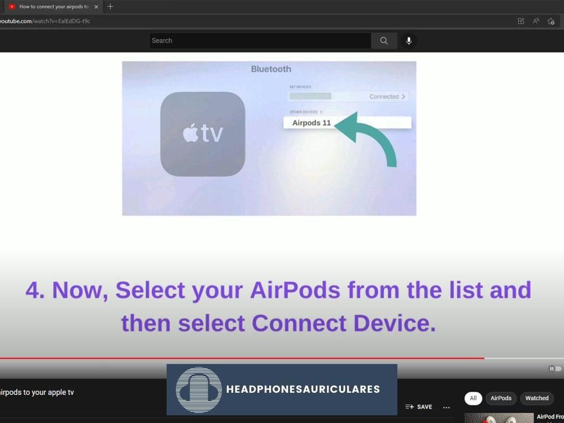 Conexión a AirPods en la lista de Bluetooth de Apple TV (De: soporte de Youtube/My iphone)