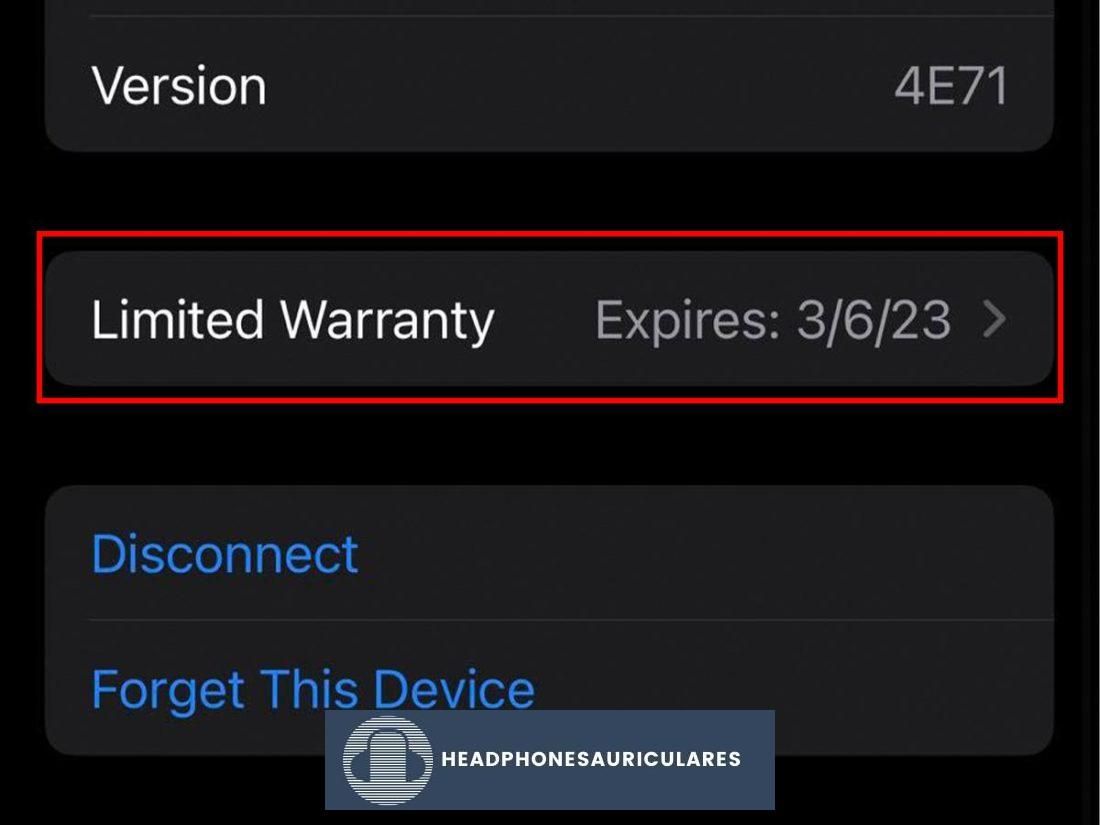Garantía limitada de AirPods como se ve en iPhone