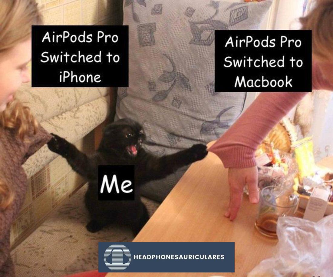 Un meme de Reddit de AirPods Pro que cambia automáticamente entre iPhone y Macbook.  (De: Reddit/SaintVeloth420)