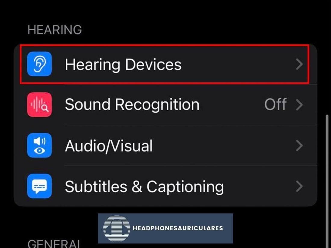 En Audición, seleccione Dispositivos auditivos.