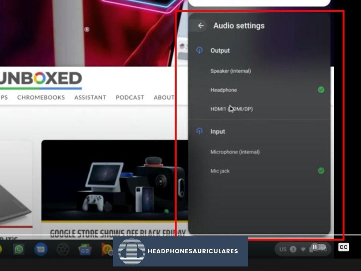 Seleccione Dispositivo de entrada y salida de audio.  (De: YouTube/Chrome Unboxed)