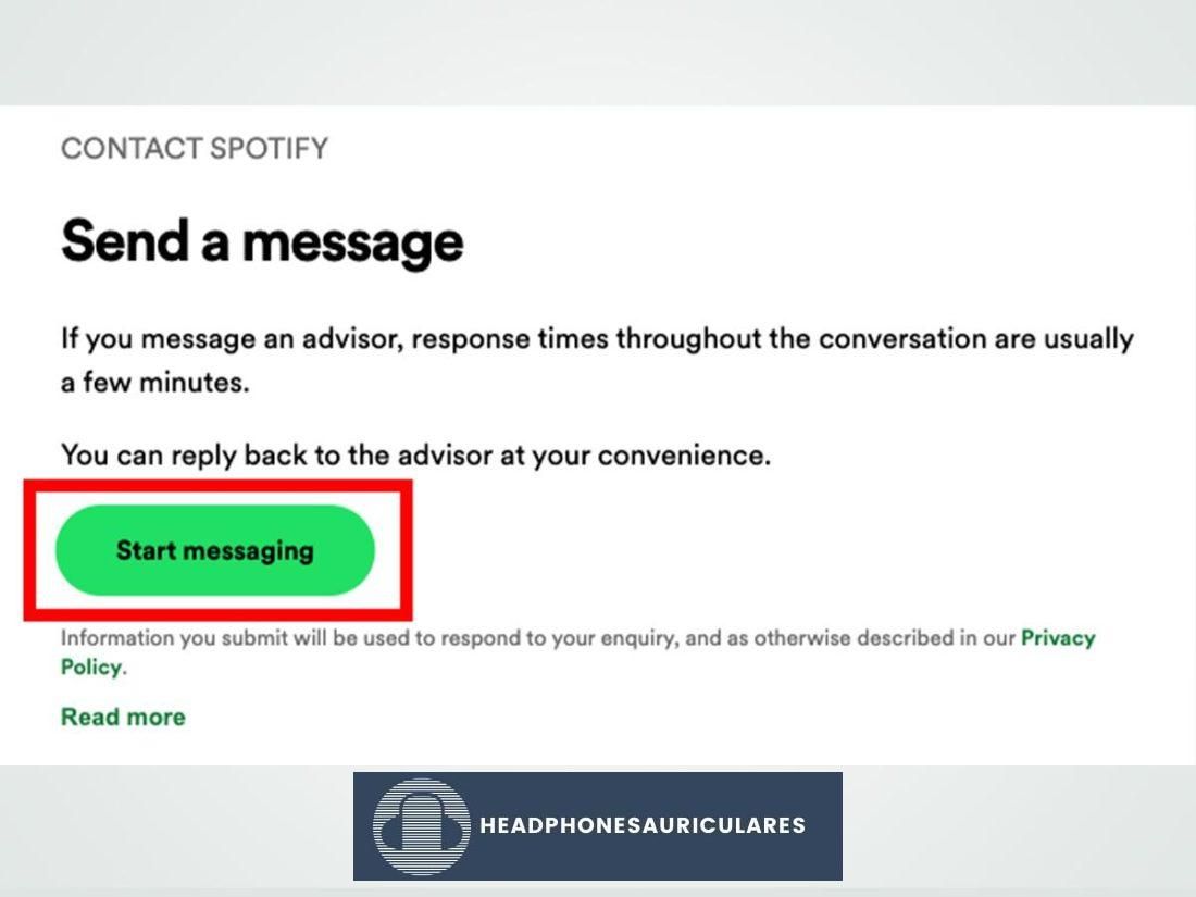 'Empezar a enviar mensajes' en la página de atención al cliente de Spotify.