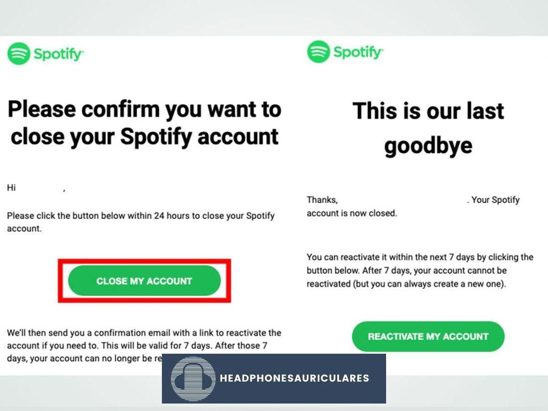 Enlace 'Cerrar mi cuenta' en el correo electrónico de Spotify.
