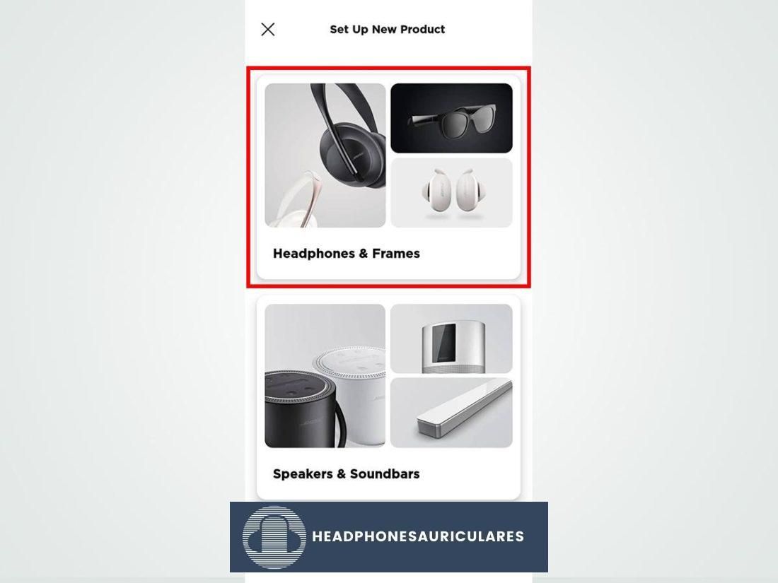 Selección de auriculares y monturas en la aplicación Bose Connect