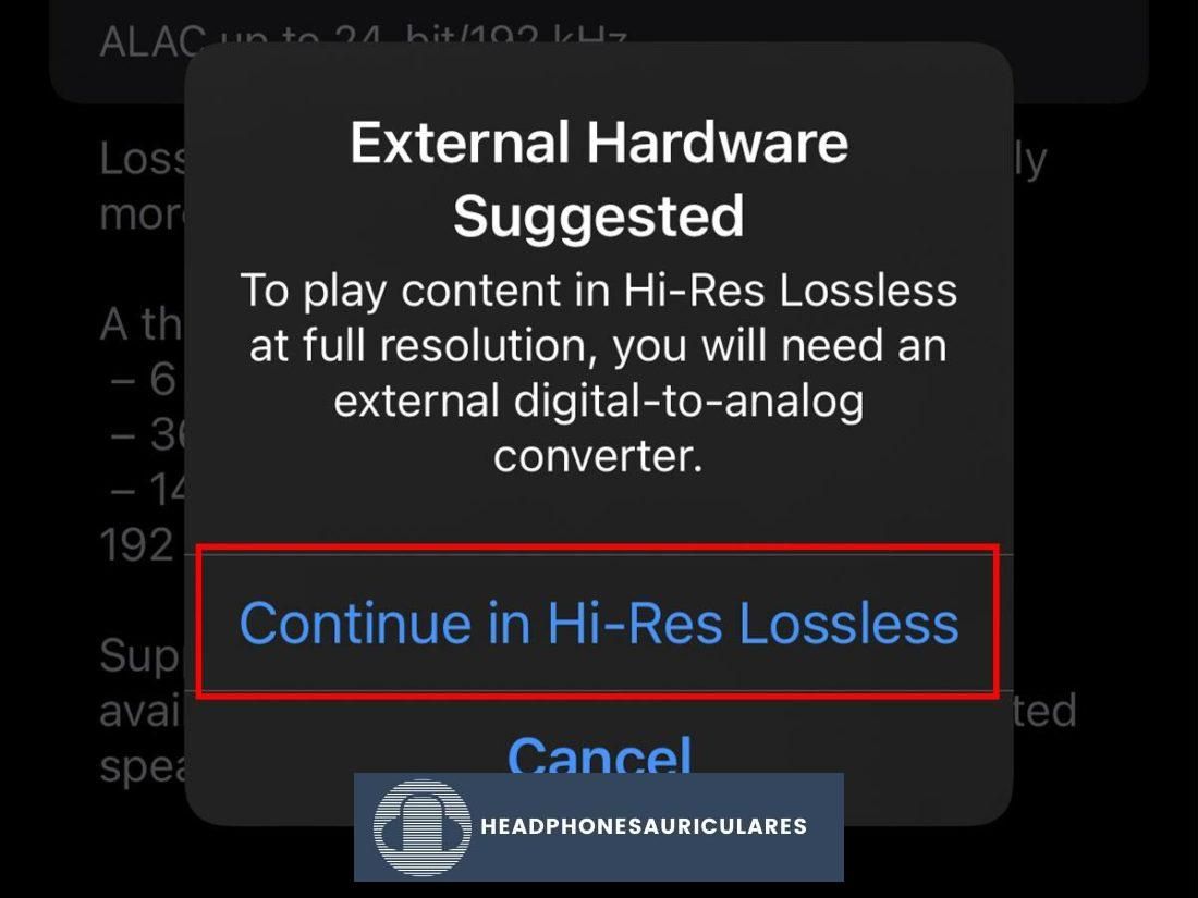 Confirmación de la opción Hi-Res Lossless