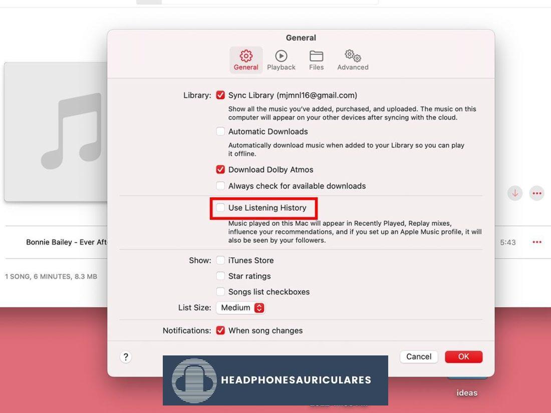 Deshabilite 'Usar historial de escucha' en Mac