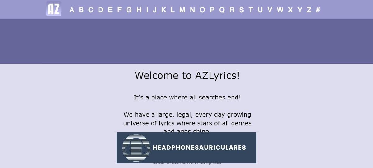 Página de destino del sitio web de AZLyrics