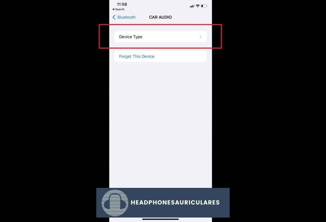 Tipo de dispositivo Ajustes de Bluetooth en iOS