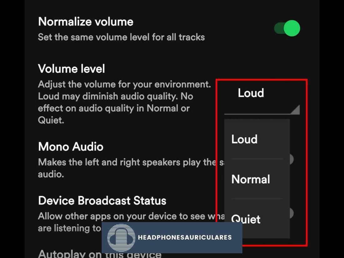Tres opciones de normalización del nivel de volumen en Spotify