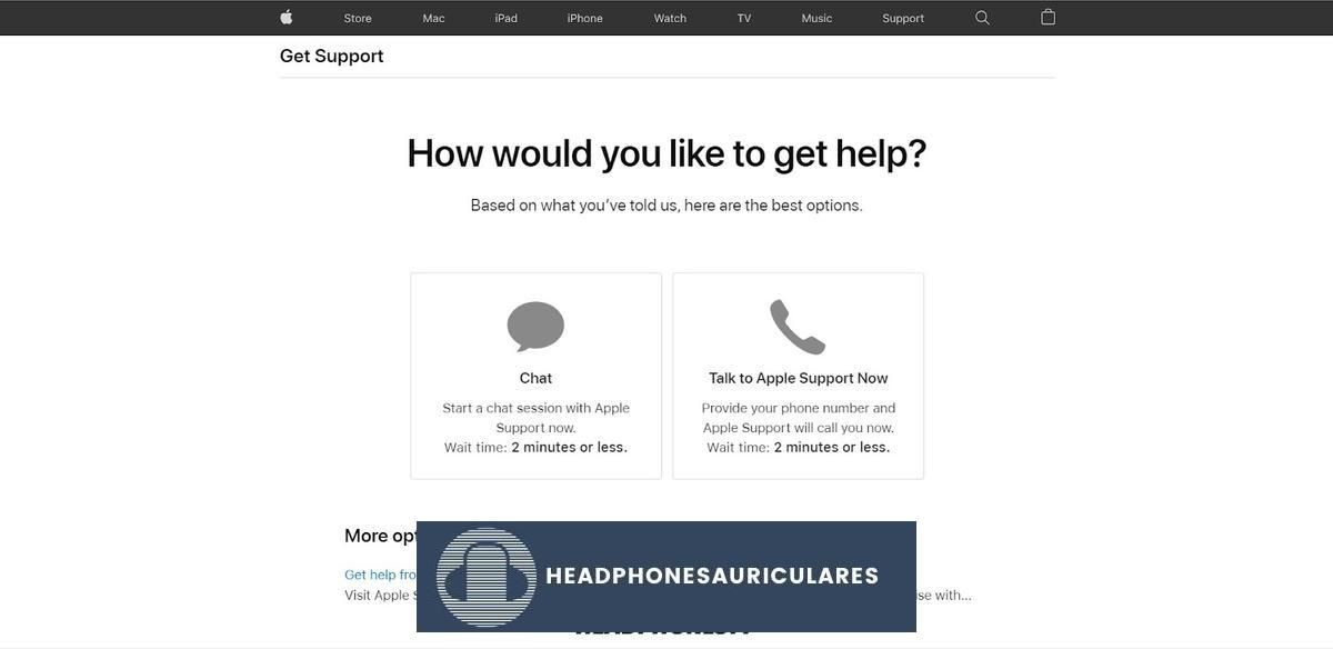 Opciones de llamada o chat para el Soporte de Apple