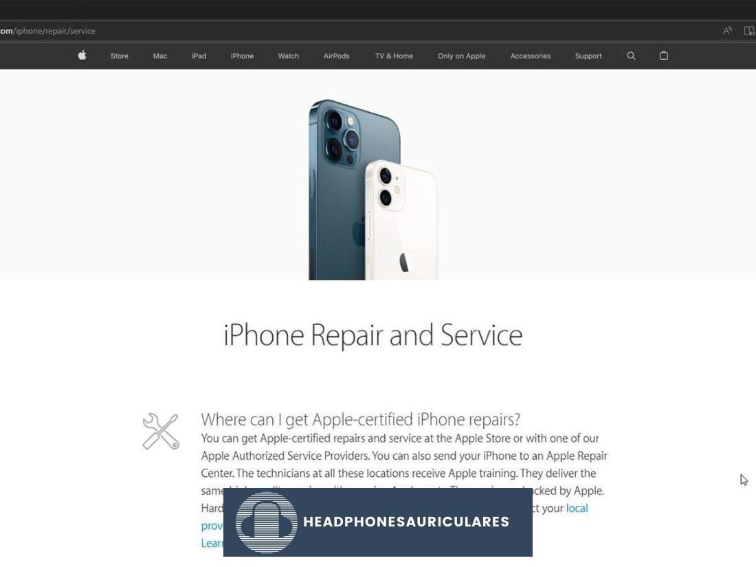 La página de reparación y servicio de iPhone