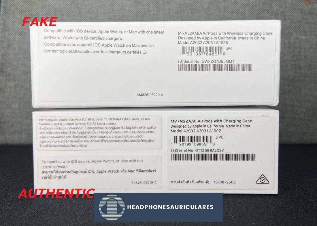 La diferencia entre las etiquetas de empaque de los AirPods falsos y los originales