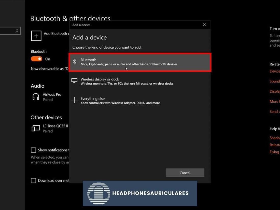 Agregar un dispositivo Bluetooth a través del menú Configuración en Windows.