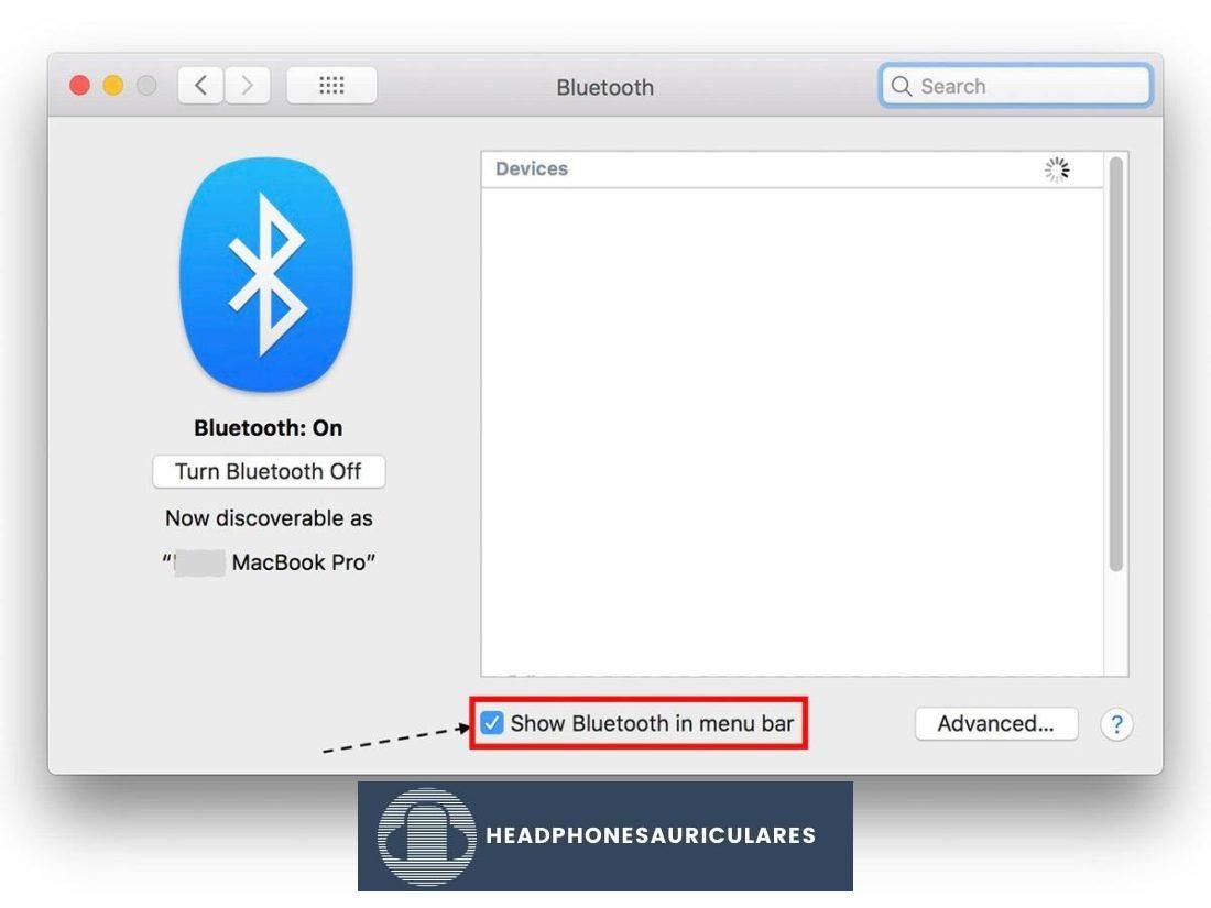 Marque 'Mostrar Bluetooth en la barra de menú'
