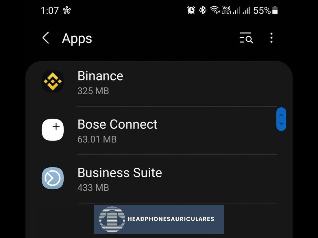 Bose Connect en la lista de aplicaciones