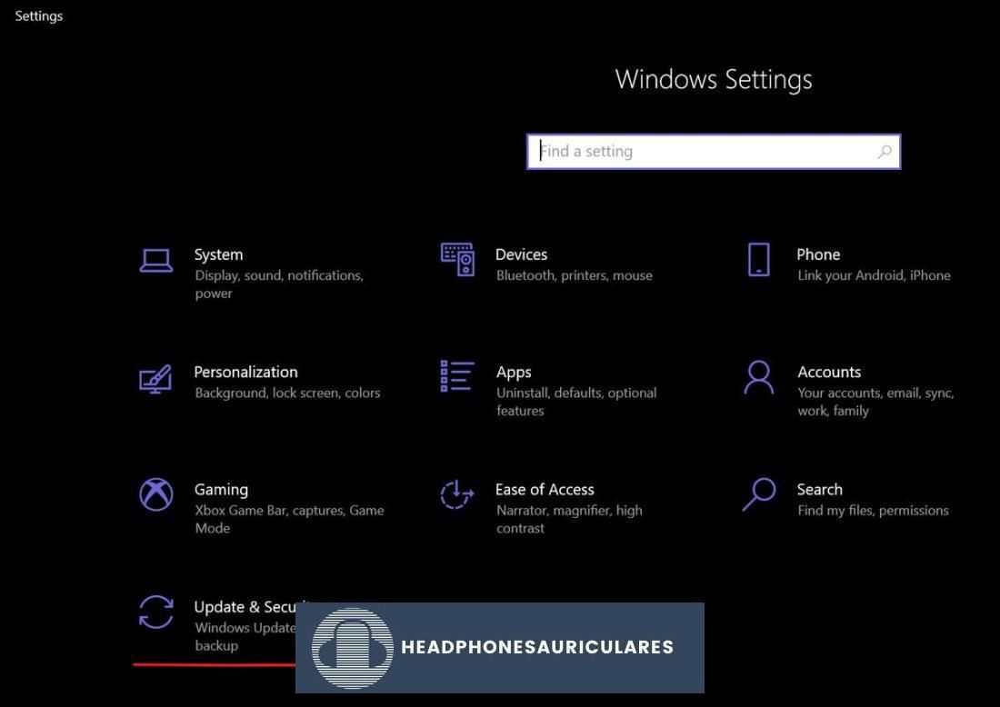 Configuración de Windows con Actualizaciones y seguridad resaltadas