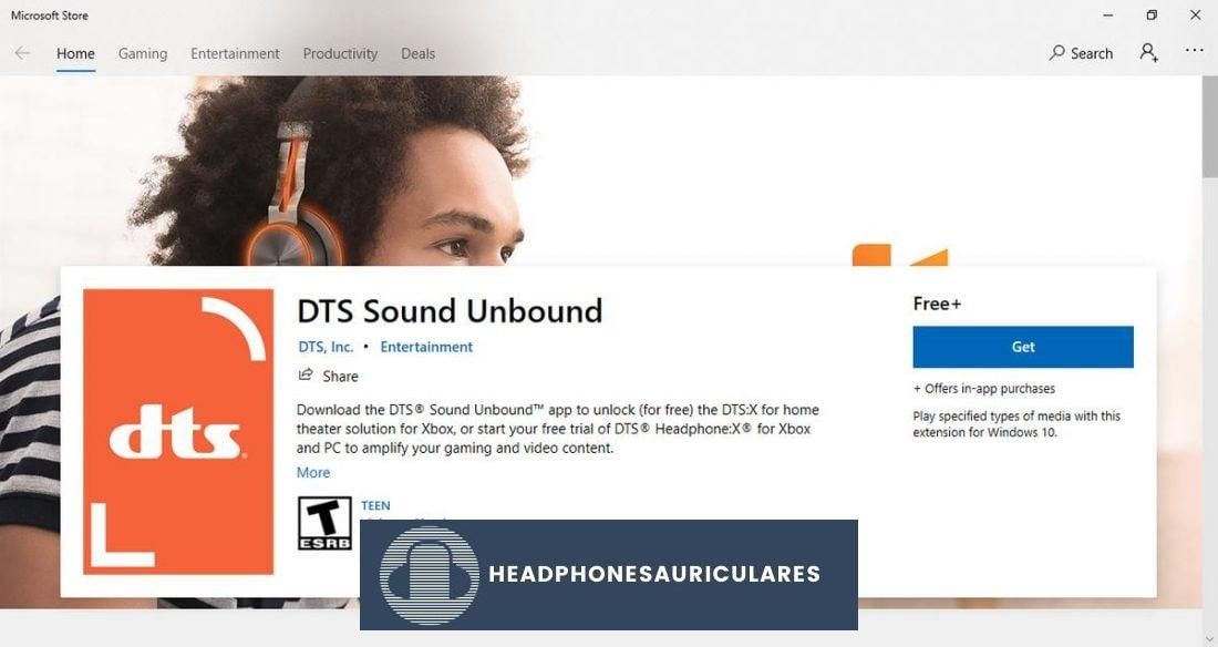 Descargue DTS Sound Unbound de la tienda de Windows para acceder a DTS para auriculares en la PC.  (De: Microsoft Store)
