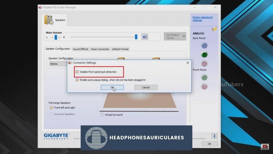 Deshabilite la opción de detección de conector del panel frontal en Realtek HD Audio Manager.  (De: YouTube/youtubers de tecnología)