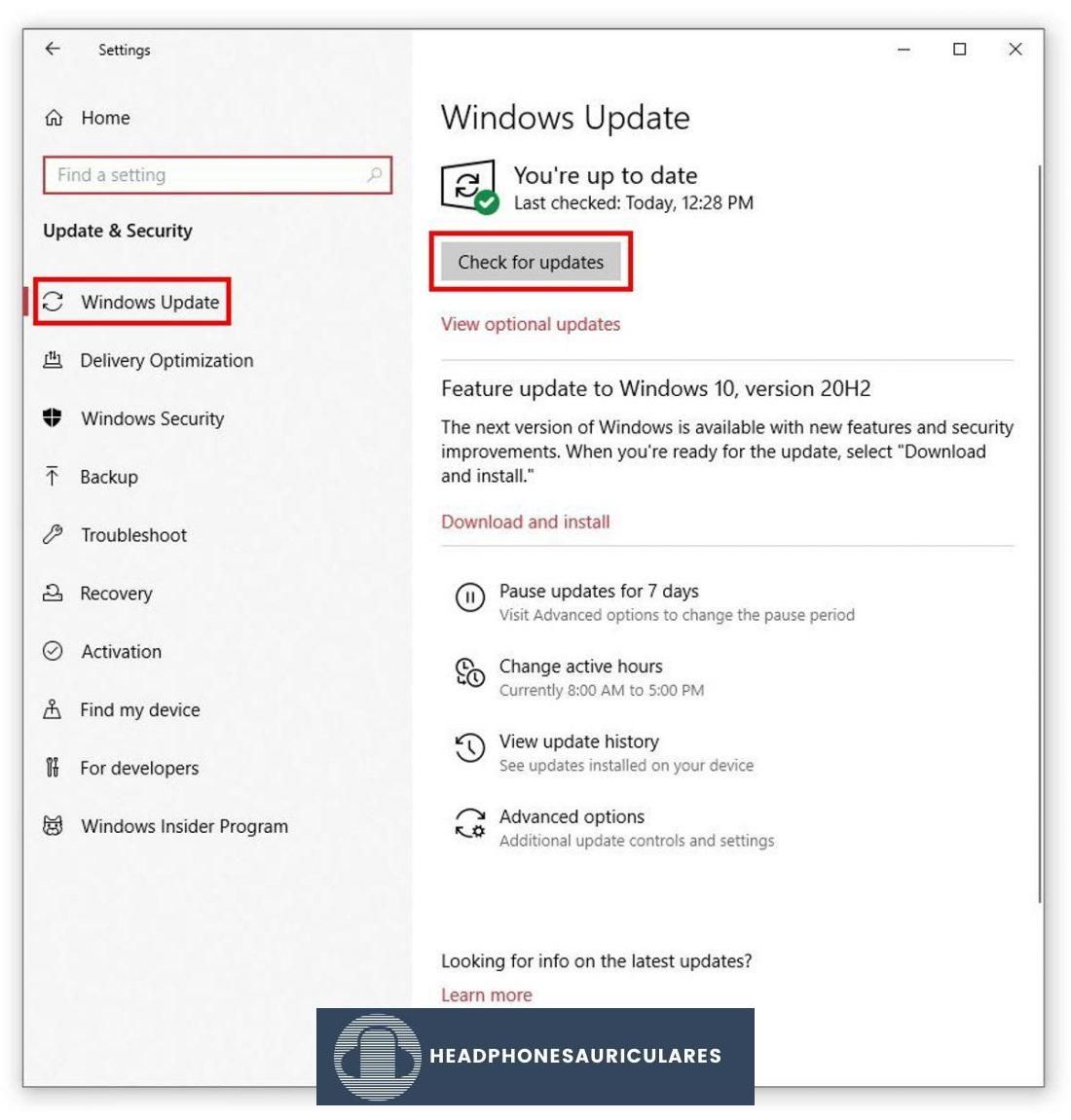 Ventana Actualización y seguridad con Windows Update y Buscar actualizaciones resaltadas.