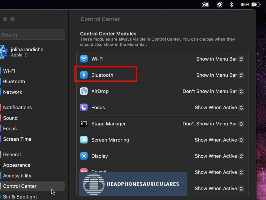 Bluetooth enumerado en los módulos del Centro de control