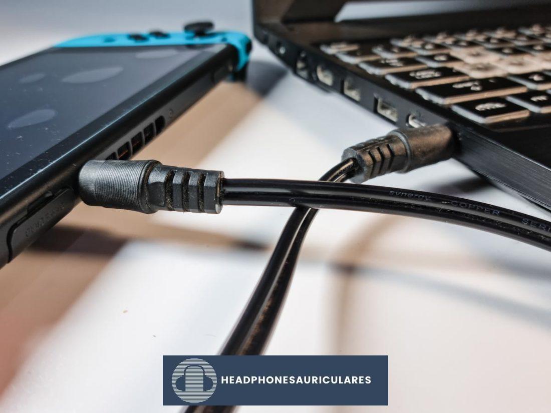 Cable auxiliar conectado a Switch y portátil