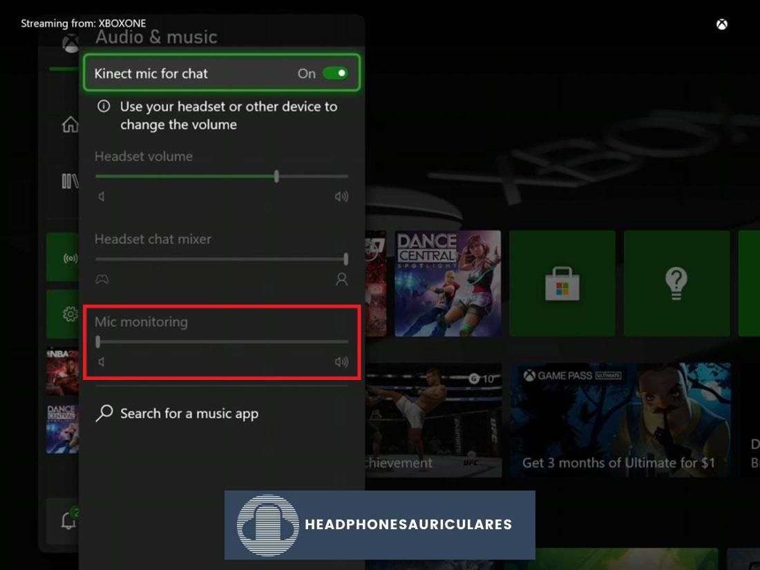 Deslizador de volumen de monitoreo de micrófono de Xbox