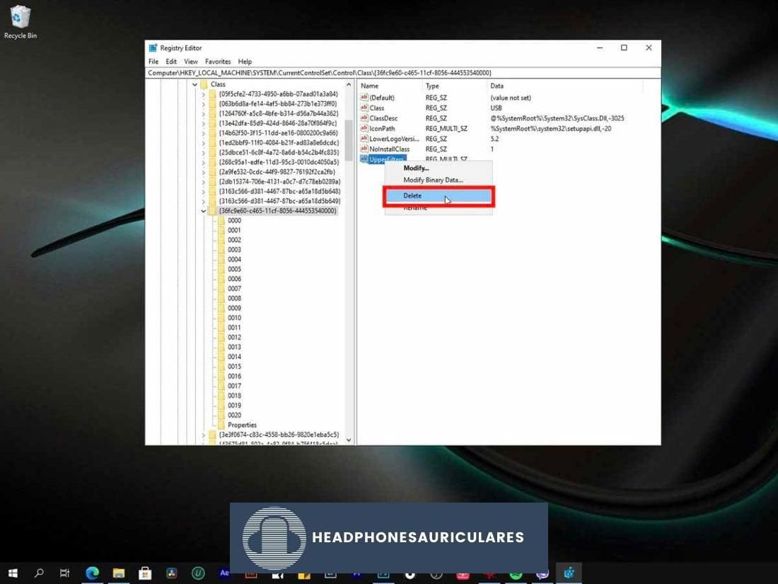 Editor de registro en una computadora con Windows 10