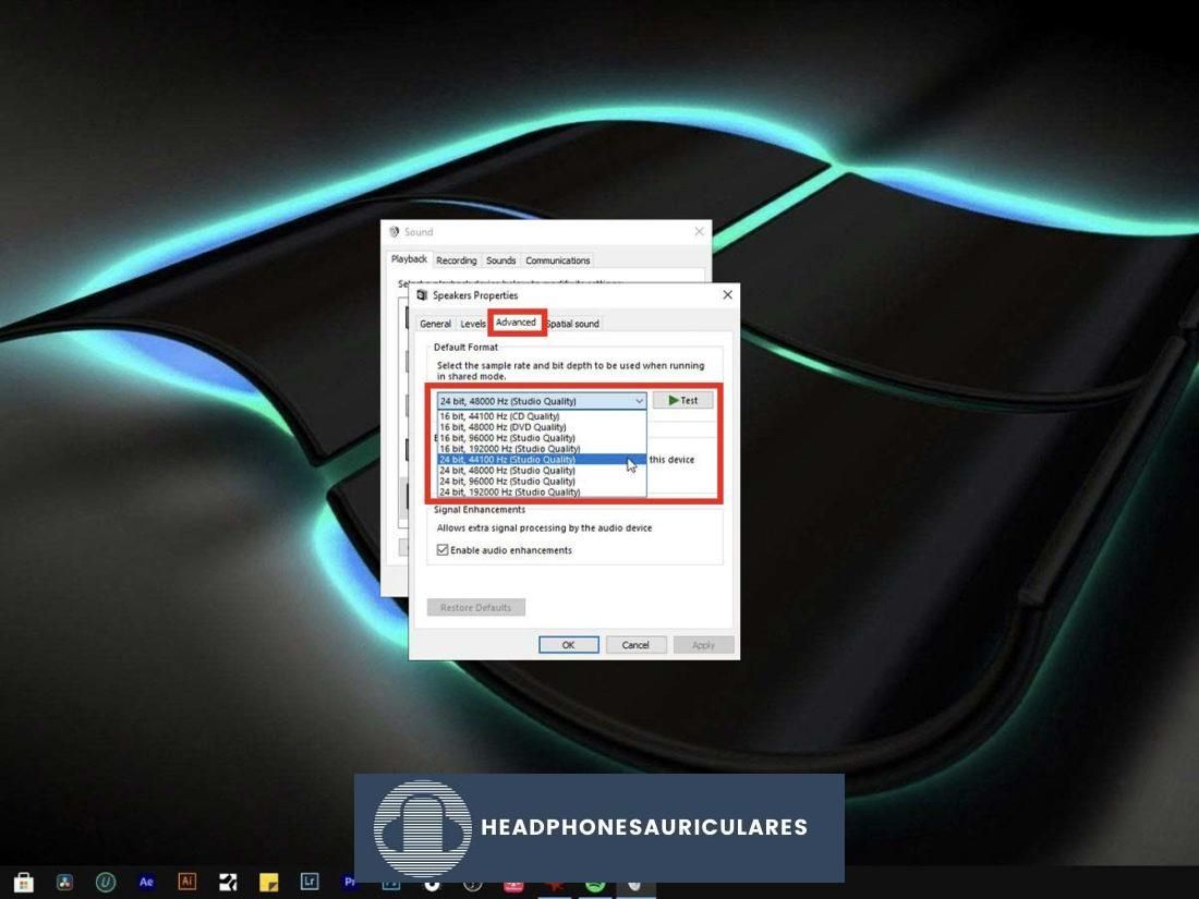 Cambiar el formato de audio en una computadora con Windows 10