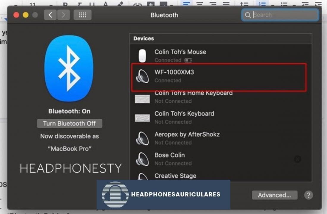 Una vez conectados, los auriculares Bluetooth de Sony se encontrarán en la lista de conectados.