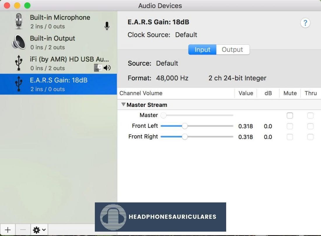 Ajuste los EARS a una ganancia de 0dB en la aplicación Midi Audio Setup en Apple OS.