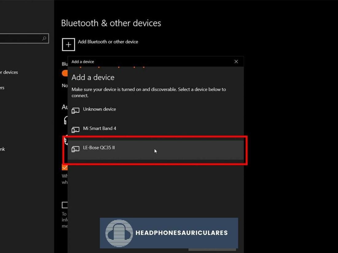 Selección de auriculares de la lista de dispositivos Bluetooth