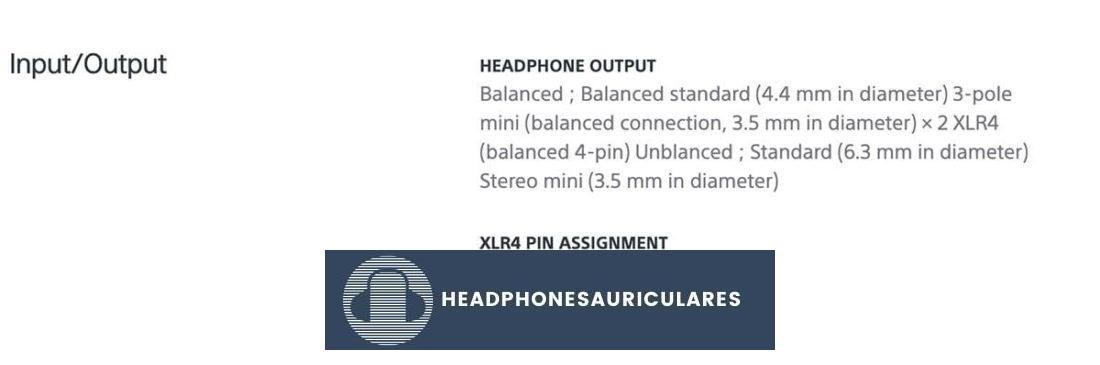 Especificaciones del amplificador de auriculares Sony TA-ZH1ES (De: sony-asia.com).