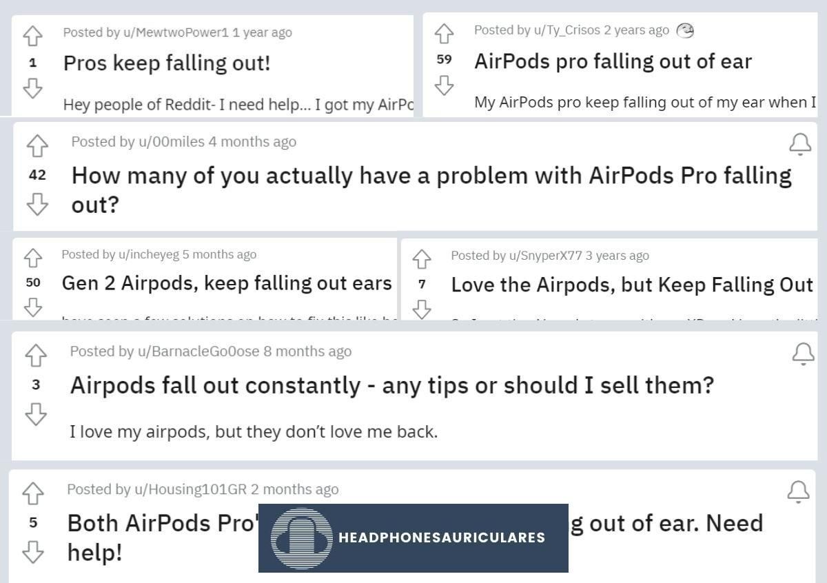 Publicaciones de Reddit sobre la caída de los AirPods