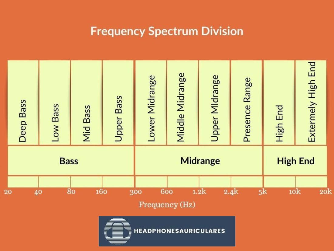 El rango de frecuencia típico de los auriculares dividido en graves, medios y agudos.